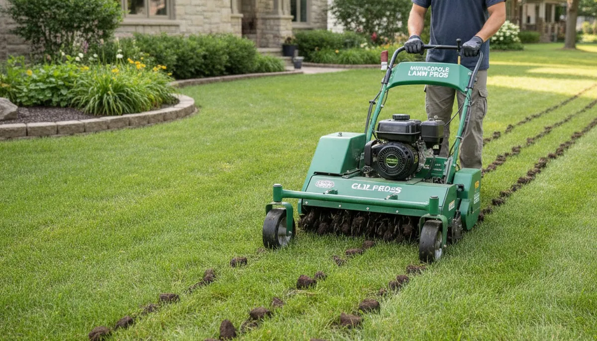 Professional core aeration on Minneapolis MN lawn improving soil health and turf growth