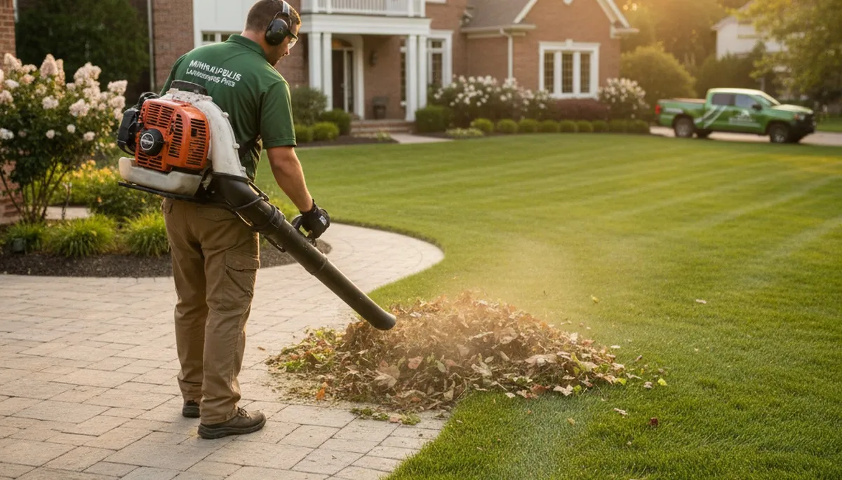 Technician using leaf blower for debris cleanup on Minneapolis lawn by Chop Chop Landscaping
