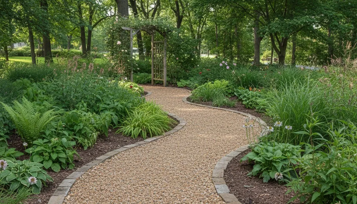 Pea gravel garden path in Minneapolis MN showcasing professional landscaping and natural drainage design
