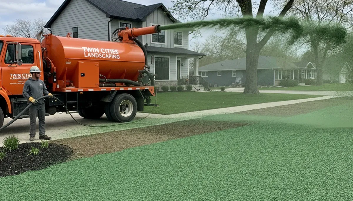 Professional hydroseeder truck spraying green slurry for lawn seeding in Minneapolis, MN