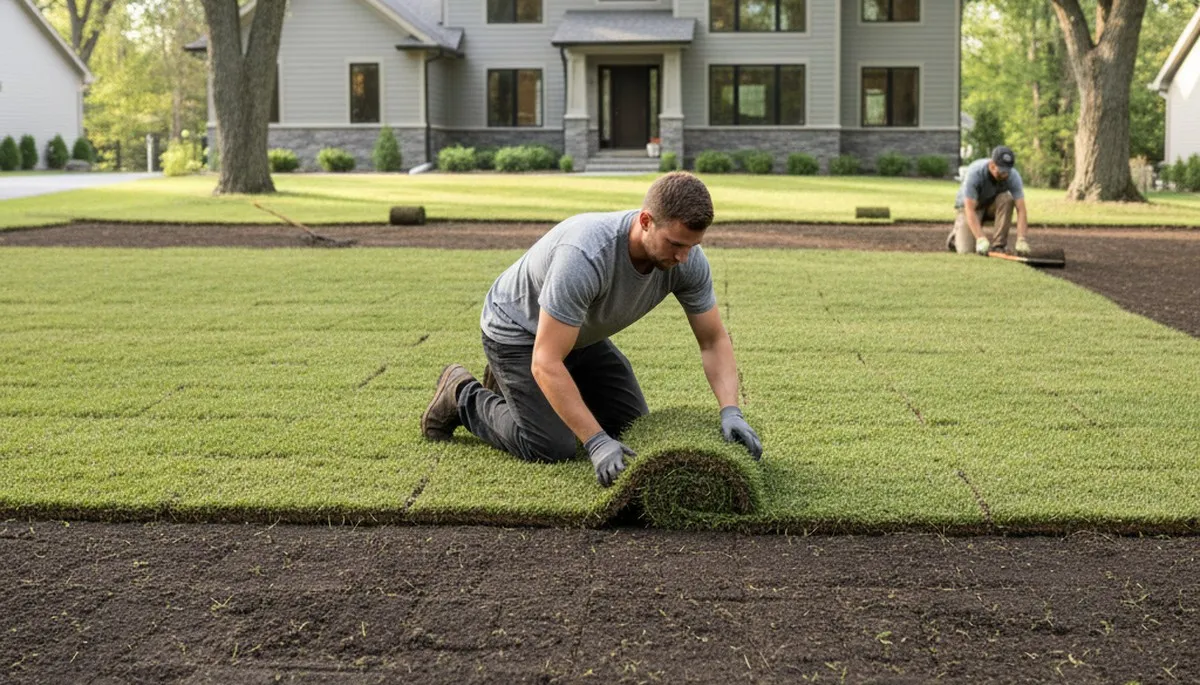 Professional landscaper installing fresh sod rolls with precision in Minneapolis, MN lawn