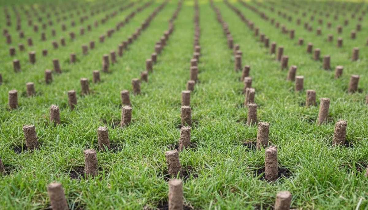 Close-up of soil core plugs from lawn aeration on Minneapolis, MN turf by Chop Chop Landscaping